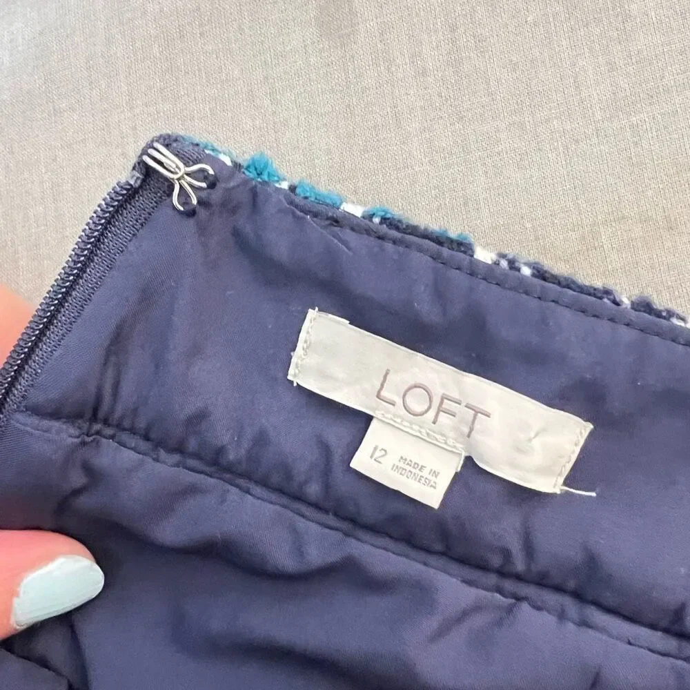 Loft blue teal tweed zipper pockets mini skirt size 12